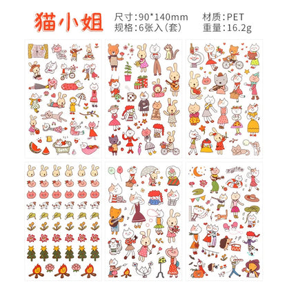 6Pcs/Lot Waterproof Cartoon Transparent Pvc Stickers DIY Hand Account Diary Decorative Stickers Kawaii Phone Cup Stickers