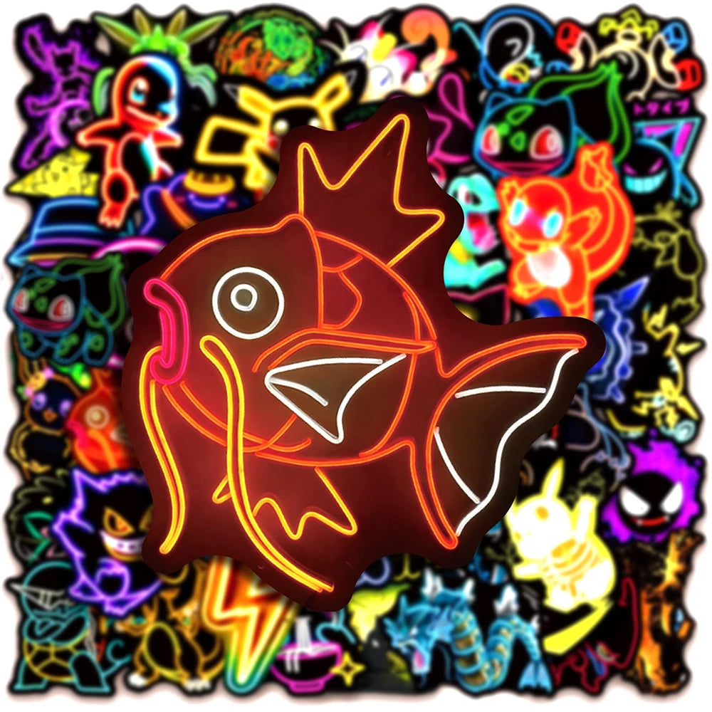 10/30/50pcs Cool Anime Neon Pokemon Stickers Pikachu Cartoon Decals for Kids Toy Waterproof DIY Phone Skateboard Cute Sticker
